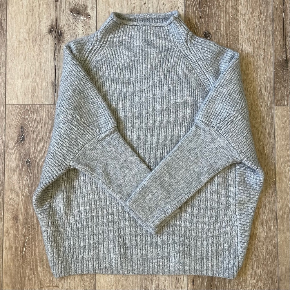 FOR THE REPUBLIC Grey Mock Neck Sweater Cropped Sleeves